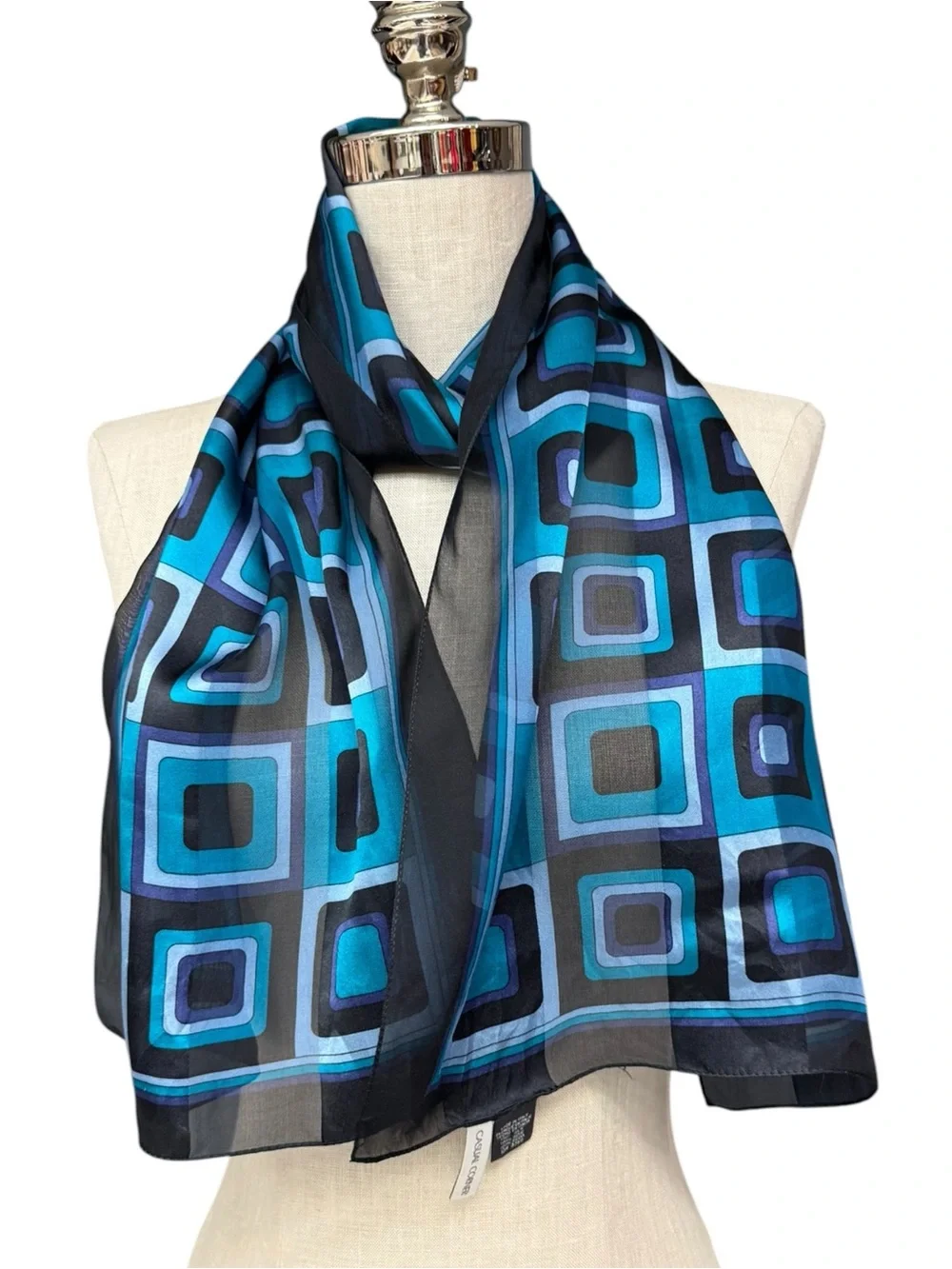Casual Corner Blue Black Geometric Silk Scarf Retro Mod Print